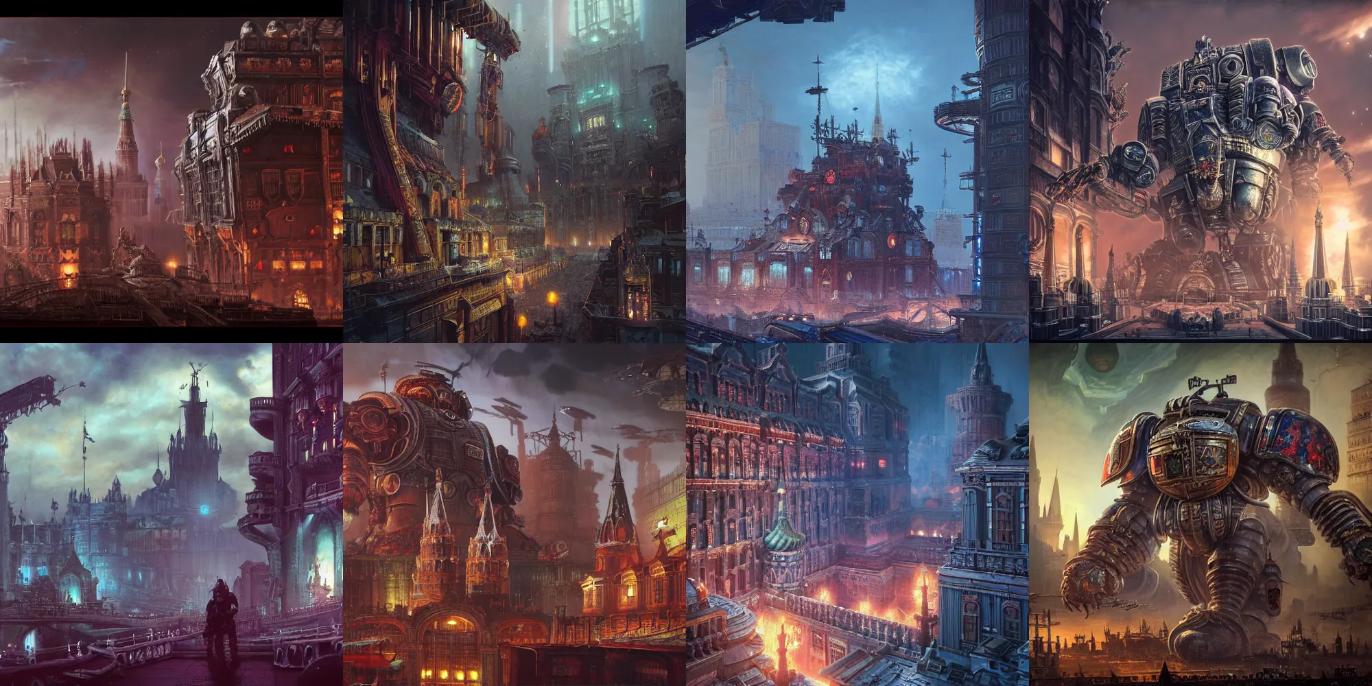 Prompt: “a beautiful highly detailed matte painting of a Moscow Russian, Space Hulk, WarHammer 40k by Jose Daniel Cabrera Pena and Leonid Kozienko, concept art by Tooth Wu and wlop and beeple and dan mumford and greg rutkowski and nekroxiii. octane render, cinematic, hyper realism, octane render, 8k, iridescent accents. vibrant, teal and gold blue red dark noir colour scheme”