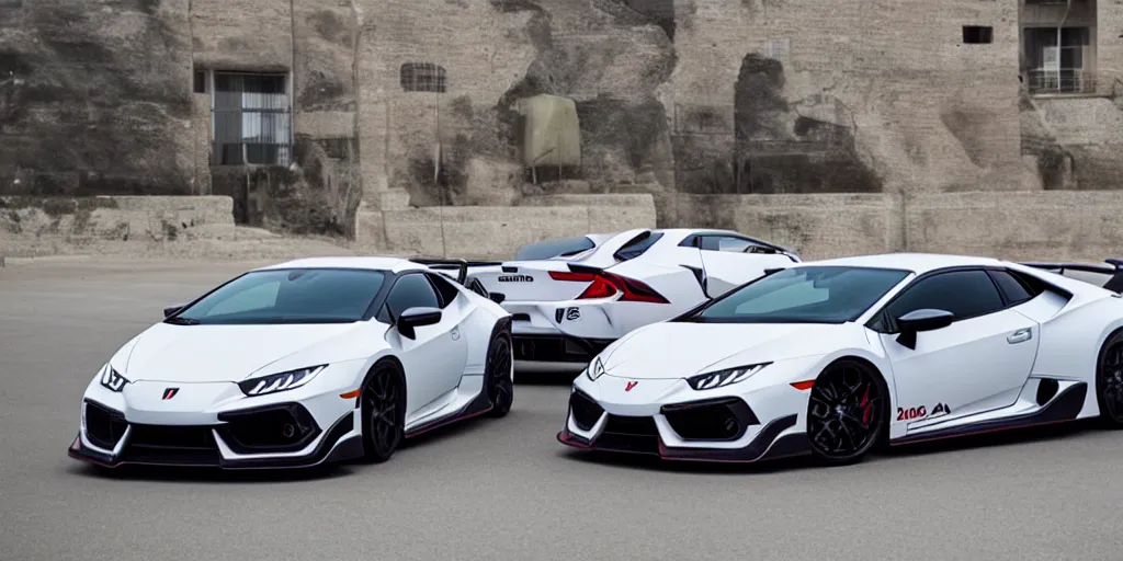 Prompt: a honda civic, r 3 4 and supra in the shape of lamborghini huracan car