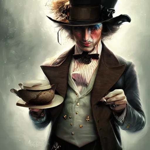 Image similar to The Madhatter, digital painting, lots of details, extremely detailed, 4k, intricate, brush strokes, Artgerm, Bastien Lecouffe-Deharme
