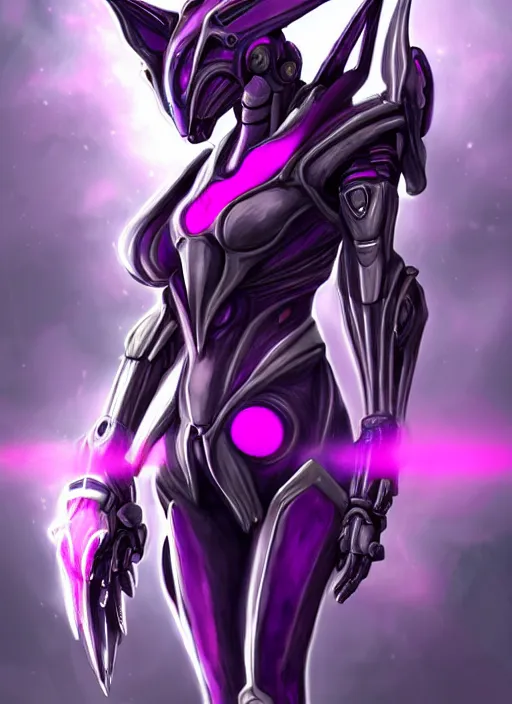 Image similar to cinematic bust shot, cosmic sized proportional stunning beautiful hot female warframe, detailed robot mecha female dragon head, metal ears purple eyes, sleek silver armor, fuschia skin, floating in empty space, nebula sized, posing elegantly, epic proportions, epic size, epic scale, furry art, dragon art, giantess art, warframe fanart, furaffinity, deviantart
