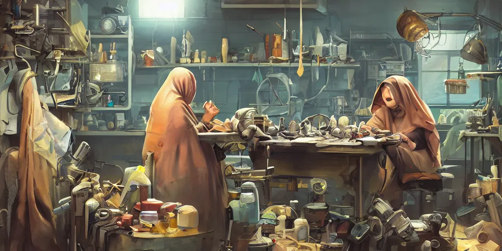 Image similar to an environmental concept art of a babushka cyberneticist in a cluttered mechanics workshop, surgical implements, surgery table, highly detailed, cinematic, dramatic, cyberpunk