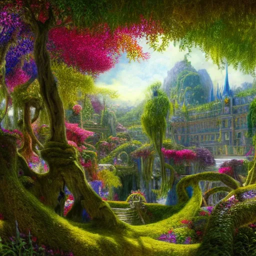 Prompt: a beautiful and highly detailed matte painting of a beautiful palace in a magical fantasy forest garden, colorful flowers and trees, psychedelic vegetation, epic scale, insanely complex, hyperdetailed, sharp focus, hyperrealism, artstation, cgsociety, 8 k, bright colors, by caspar friedrich, albert bierstadt, james gurney, brian froud,