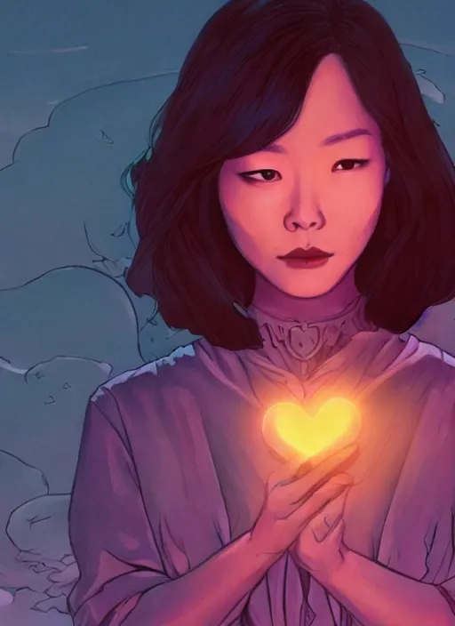 Image similar to portrait of jeon so min, falling in love, glowing with heart aura. sharp focus, cinematic pose, cinematic lighting, unreal engine render. art by josan gonzales and moebius and deathburger.