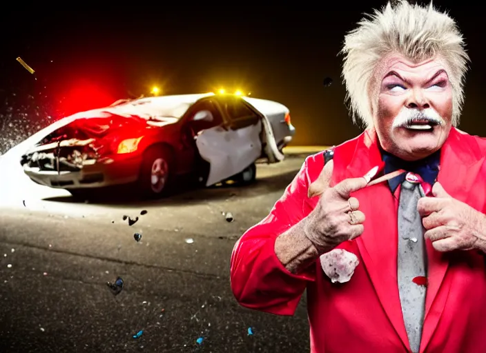 Image similar to photo still of rip taylor at a car accident scene!!!!!!!! at age 5 4 years old 5 4 years of age!!!!!!! throwing confetti from a bucket, 8 k, 8 5 mm f 1. 8, studio lighting, rim light, right side key light