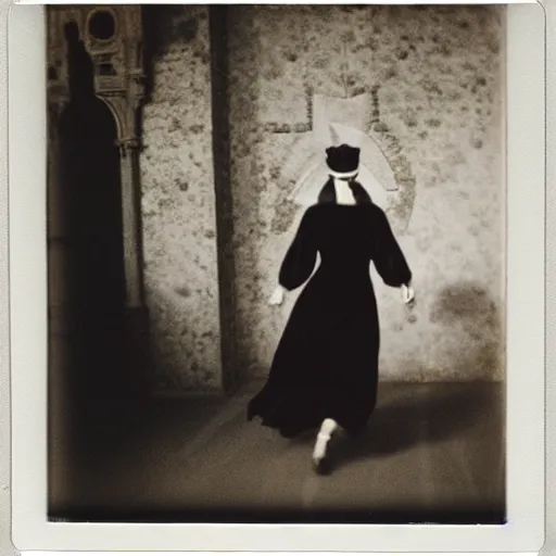 Prompt: “Anne Boleyn running away from the executioner, polaroid photo”