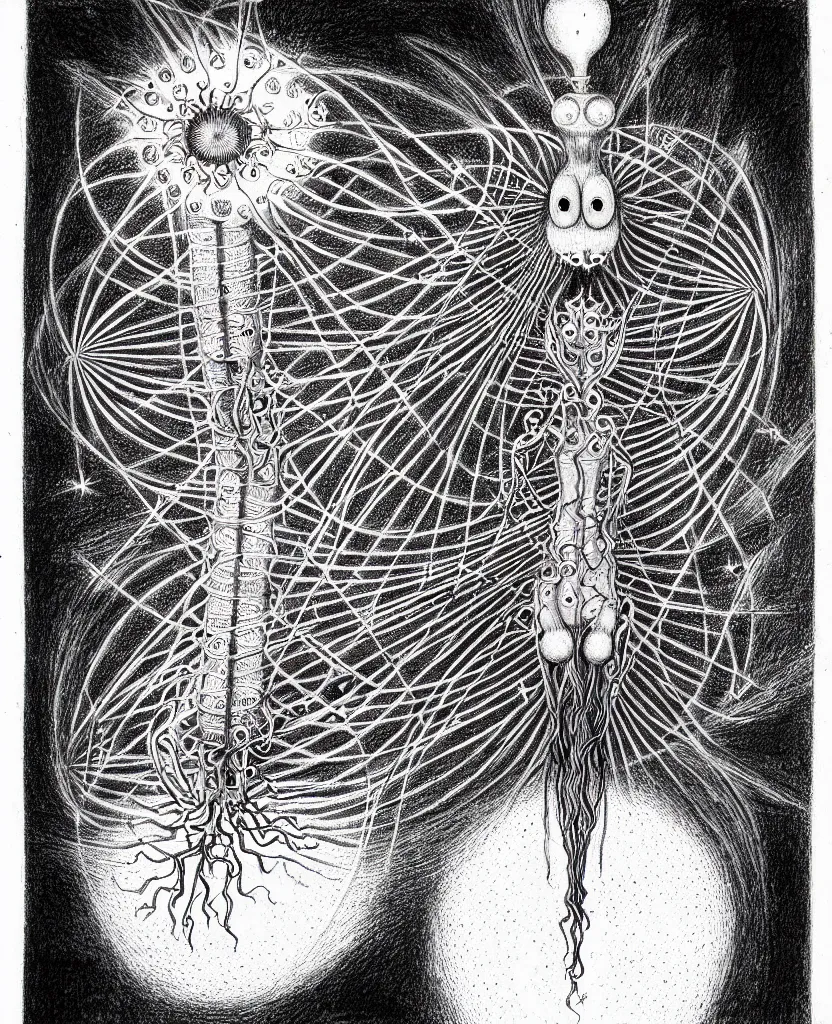 Prompt: whimsical freaky creature sings a unique canto about'as above so below'being ignited by the spirit of haeckel and robert fludd, breakthrough is iminent, glory be to the magic within, ballpoint drawing by ronny khalil