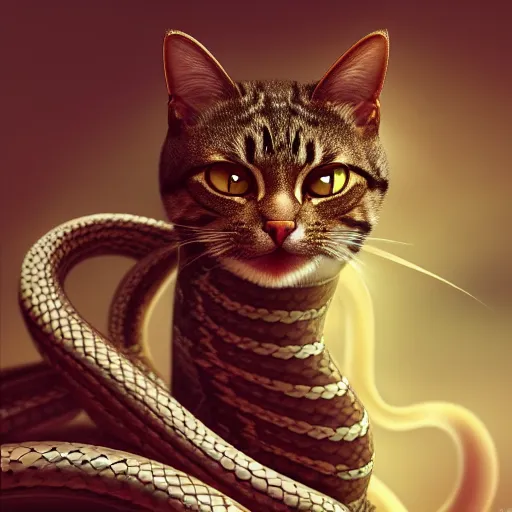 Image similar to a fusion of a cat fused with a snake, hyperdetailed, artstation, cgsociety, 8 k