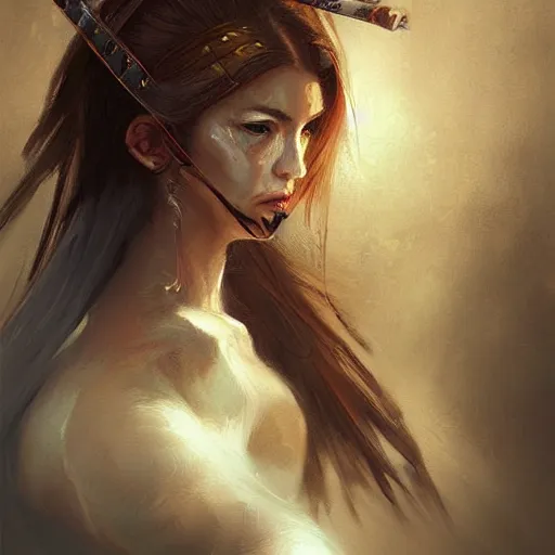 Prompt: portrait of a woman warrior, digital art, character art, by wlop