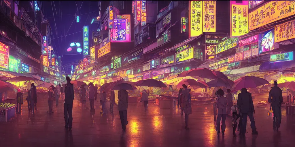 Image similar to twilight lighting, moody, atmospheric, solarpunk, cyberpunk, a render of davao city's roxas night market, rainy, in the art style of neon genesis : evangelion, 8 0 s anime style, by ghibli studio and victor ngai, ghost in the shell art style, akira artstyle, pixar highly detailed, 8 k h 5 7 6