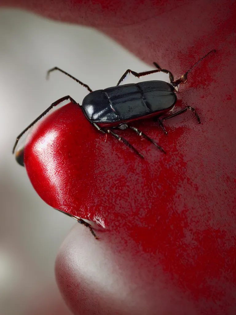 Image similar to subsurface scattering. close - up shot of a beautiful red and white beetle. insect eyes. complementary color scheme. by slim aarons, by kechun zhang. studio photography high quality highly detailed award winning photograph by national geographic. soft volumetric light, smooth gradient.