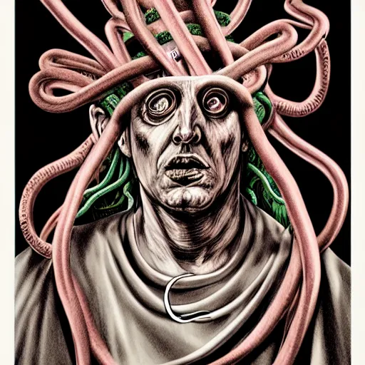 Image similar to graphic illustration, creative design, the pope as medusa, biopunk, francis bacon, highly detailed, hunter s thompson, concept art