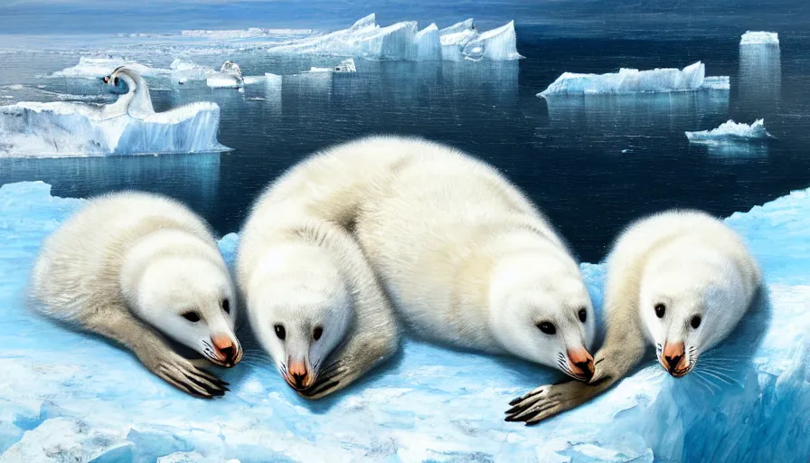 Prompt: highly detailed painting of cute furry white baby seal goose lions cuddling into each other on a blue and white iceberg by william turner, by greg rutkowski, by william constable, thick brush strokes and visible paint layers, 4 k resolution