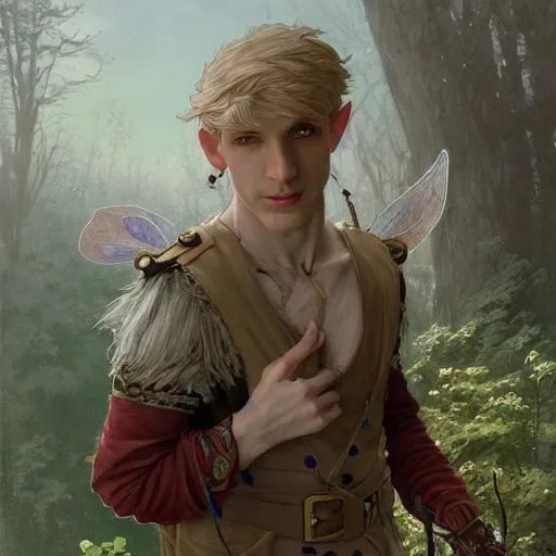 Image similar to elf fairy blonde male with a beautiful face, with a loot on their back, wearing a cardigan, highly detailed, intricate, digital painting, artstation, sharp focus, illustration, art by jakub rozalski, greg rutkowski, artgerm, tan zi and ayanamikodon and alphonse mucha and wlop