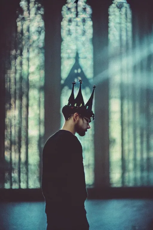 Prompt: agfa vista 4 0 0 photograph of a guy wearing an elaborate tall gothic crown, back view, synth vibe, vaporwave colors, lens flare, moody lighting, moody vibe, telephoto, 9 0 s vibe, blurry background, grain, tranquil, calm, faded!,