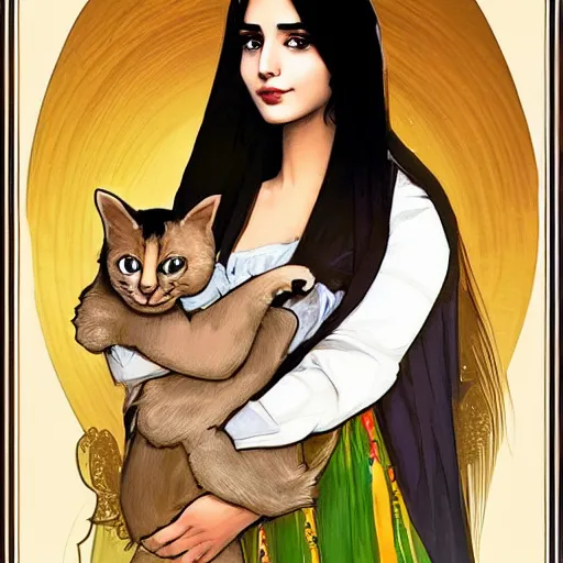 Image similar to cute emo moroccan woman, with long dark hair, thick eyebrows!!! dark eyes and dark circles!, wide nose!!!, big eyes, oval face shape, big cheeks!, she is holding a cat in her arms, by juan villafuerte, greg rutkowski and alphonse mucha, pexels contest winner, high quality photo, hd rtx