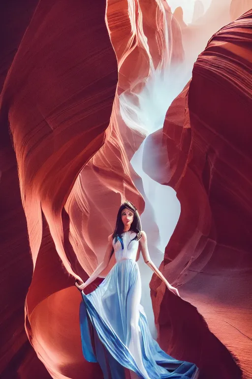Prompt: Portrait of teen Wizard Queen of the Multiverse, captivating, rule of thirds, majestic, set on a flowy Antelope Canyon created by James Jean, mutiversal tsunami, award winning photo, seductive, captivating, feminine slim figure, close-up