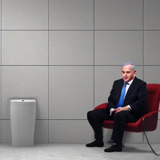 Image similar to benjamin netanyahu sitting in a toilet, photorealistic, studio