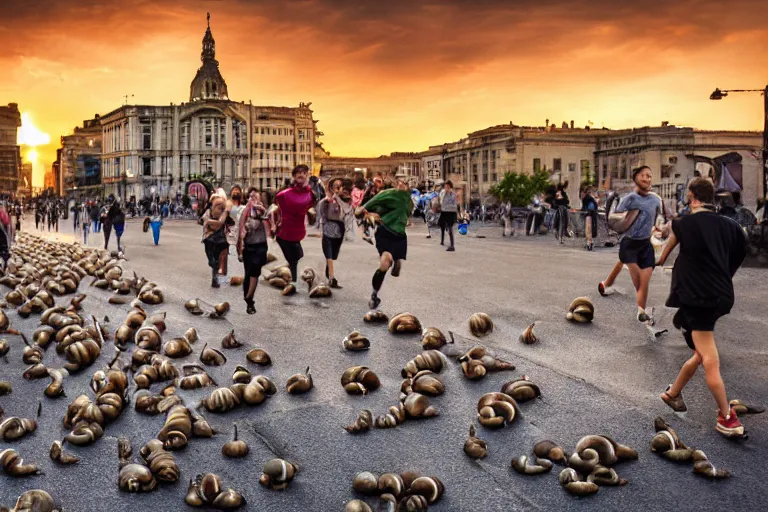 Prompt: a city invaded by 1 0 meters snails, huge snails, sunset, atmospheric lighting, 5 0 0 px, people running in fear, chaos, screaming