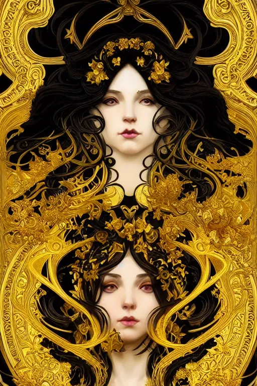 Image similar to beautiful black yellow, complicated gold the baroque style decoration, dark fantasy, intricate, elegant, highly detailed, digital painting, artstation, concept art, matte, 3 d 8 k octane rendered, sharp focus, illustration, octane rendered, art by artgerm and alphonse mucha, leesha hannigan, ross tran