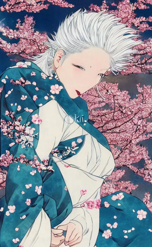 Prompt: by akio watanabe, manga art, realistic anatomy, a girl with white hair and blossoming sakura petals, trading card front, kimono, sun in the background