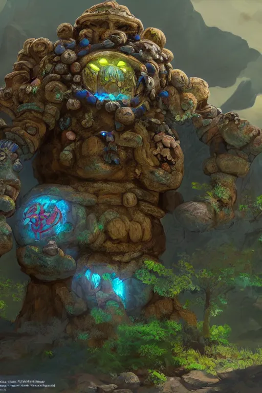 Image similar to zelda fantasy art giant golem troll wood rock greeble gemstone, global illumination ray tracing hdr fanart arstation by sung choi and eric pfeiffer and gabriel garza and casper konefal