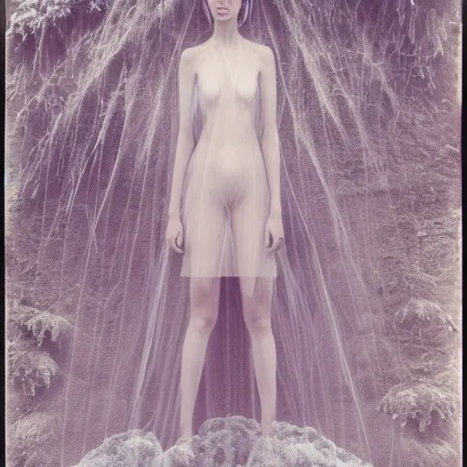 Image similar to coherent symmetrical face, a instax photo of fuji mountain, a tall japanese girl in a transparent sheer fabric dress against the background of fuji mountain, severe snow, full body shot, perfect symmetrical body, coherent symmetrical eyes, by peter kemp, by monia merlo, hyperrealistic, hyperdetailed, octane render, 8 k