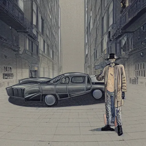 Prompt: a man standing next to a huge car in brutalist city, dieselpunk style, steampunk, art by jean giraud and moebius and francois schuiten, illustration, drawing, painting, clean lines, digital art, symmetric, retrofutur, detailed, artstation