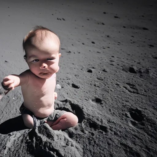 Image similar to an infant child crawling on the surface of the moon, 🌕, baby, human, crawl, canon eos r 3, f / 1. 4, iso 2 0 0, 1 / 1 6 0 s, 8 k, raw, unedited, symmetrical balance, wide angle