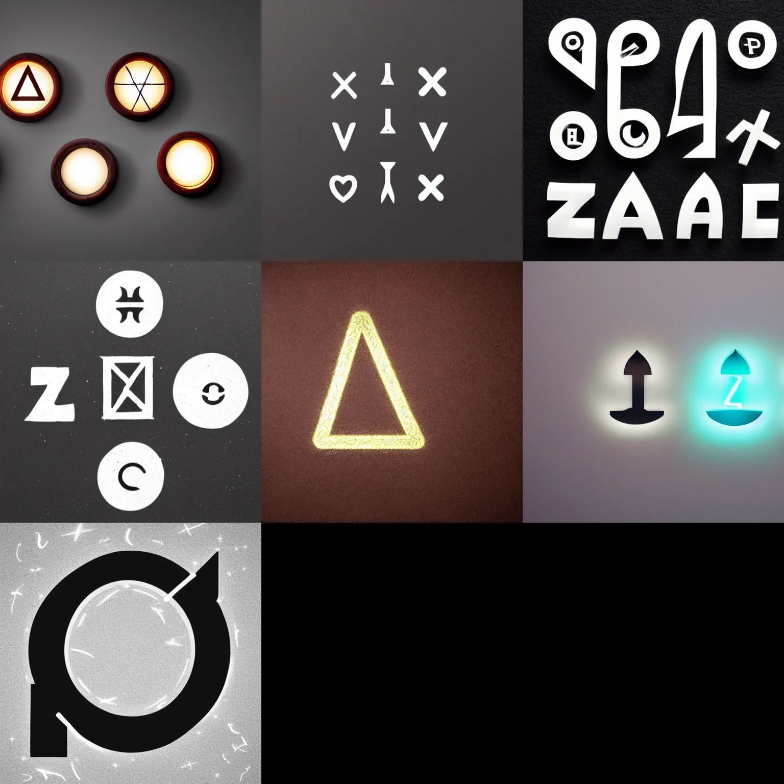 Prompt: four minimalist arcane symbols glowing with magic