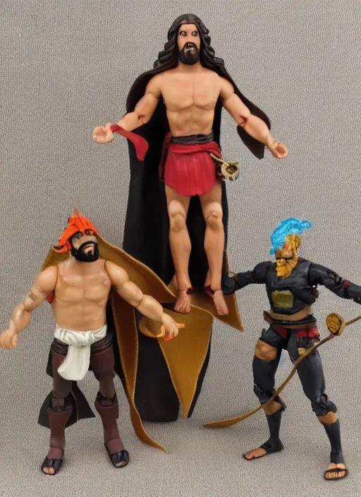 Image similar to Jesus vs the Devil in the flying sandals of salvation action figures toy pack