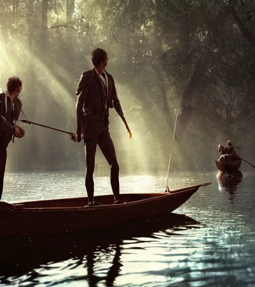 Image similar to three cuervos de pantano in a little boat in a swamp, long legs, volumetric lighting, majestic light, octane render, ethereal glare of the sun, hyperrealistic, epic, masterpiece, by greg rutkowski