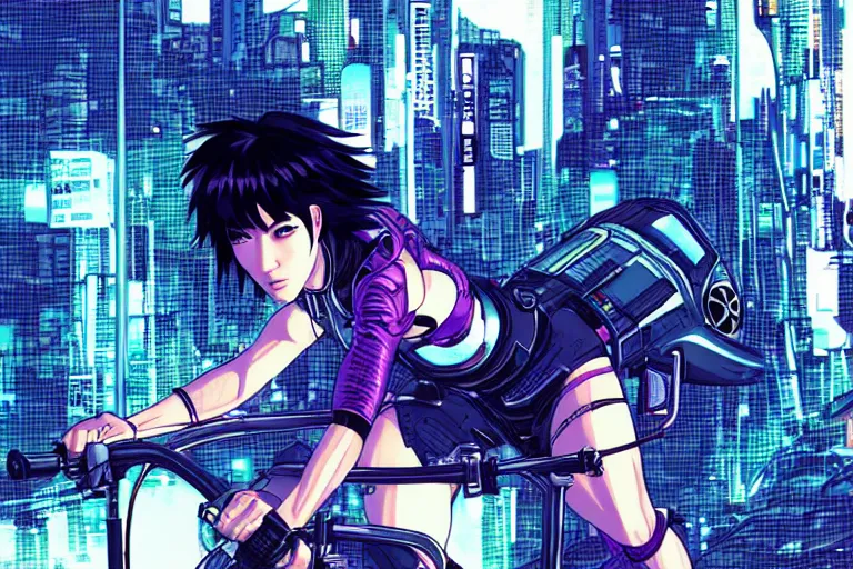 Image similar to motoko kusanagi riding a cyberpunk vehicle in a grungy cyberpunk megacity, intricate and finely detailed, cyberpunk vaporwave, by phil jimenez, ilya kuvshinov