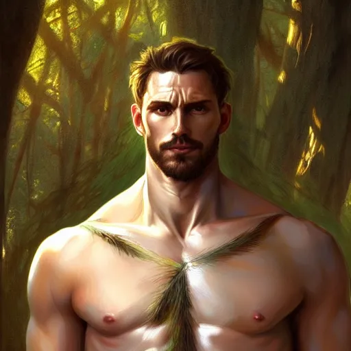 Image similar to portrait of forest god, male, clear face, masculine, upper body, muscular, fantasy, intricate, elegant, hairy torso, highly detailed, digital painting, artstation, concept art, matte, sharp focus, illustration, art by artgerm and greg rutkowski and alphonse mucha
