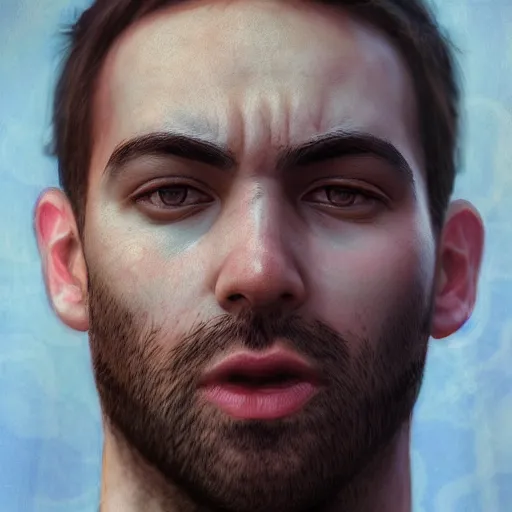 Image similar to photorealistic portrait of gerald darmanin as a sad pathetic alpha male, immature, fantasy, ugly, depth of field, bokeh, soft focus, detailed, soft glow, caravagio, high contreast, art by artgerm