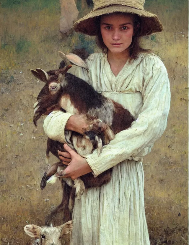 Prompt: portrait of peasant girl holding goat in her hands, cottage core, cinematic focus, polaroid photo bleached vintage pastel colors high - key lighting, soft lights, foggy, by steve hanks, by lisa yuskavage, by serov valentin, by tarkovsky, 8 k render, detailed, oil on canvas