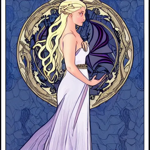 Image similar to ann heche as daenerys targaryen, mucha style,