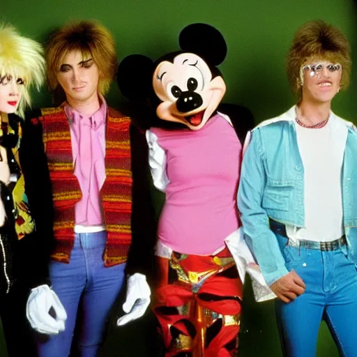 Prompt: photo of an 8 0's new wave band with disneyland characters as the band members