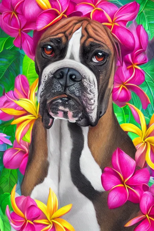 Image similar to ultra realistic illustration, portrait of a boxer plumeria tropical bouquet background, close up shot, fantasy, intricate, elegant, highly detailed, digital painting, artstation, concept art, smooth, sharp focus, illustration, surrealism