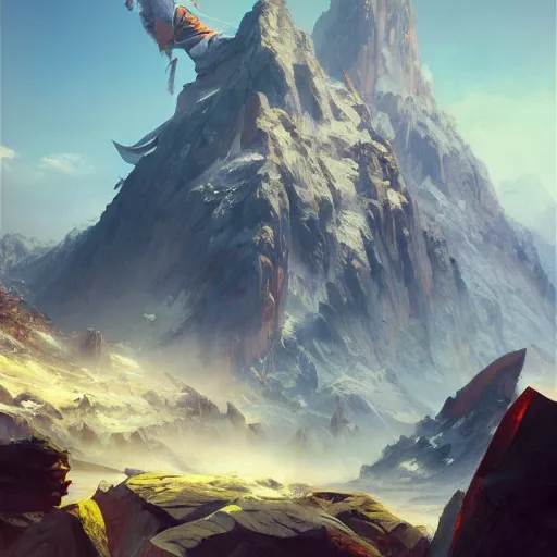 Image similar to mountain made of swords, sunny day, matte painting, bold shapes, hard edges, street art, trending on artstation, by huang guangjian, gil elvgren, ruan jia, randy vargas, greg rutkowski