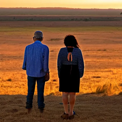 Image similar to a couple of a man and a woman dressed in goyesques looking back at the african savannah at sunset. in the background on the left the ship enterprise approaches. national geographic photography style.