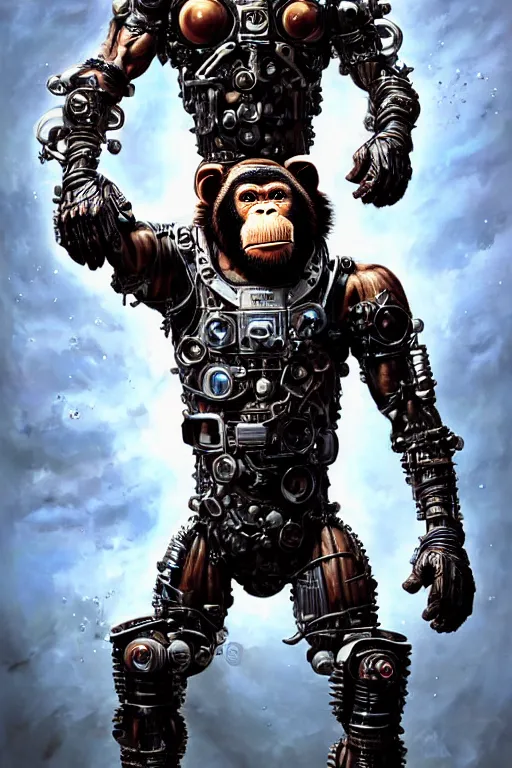 Image similar to a portrait of a muscular anthropomorphic cyberpunk chimp in spacesuit armor with ensignia on chest plate by sandra chevrier, by jon foster, detailed render, post - processing, extremely hyperdetailed, intricate, epic composition, cybernetics, 4 k realistic, cryengine, realistic shaded lighting, sharp focus, masterpiece, by enki bilal