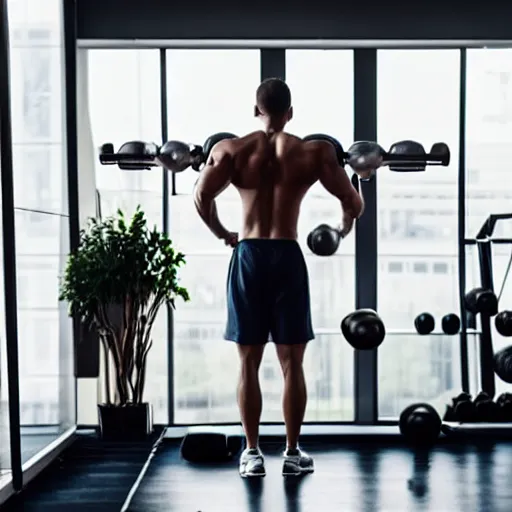 Prompt: back view of a muscular person working out at the gym