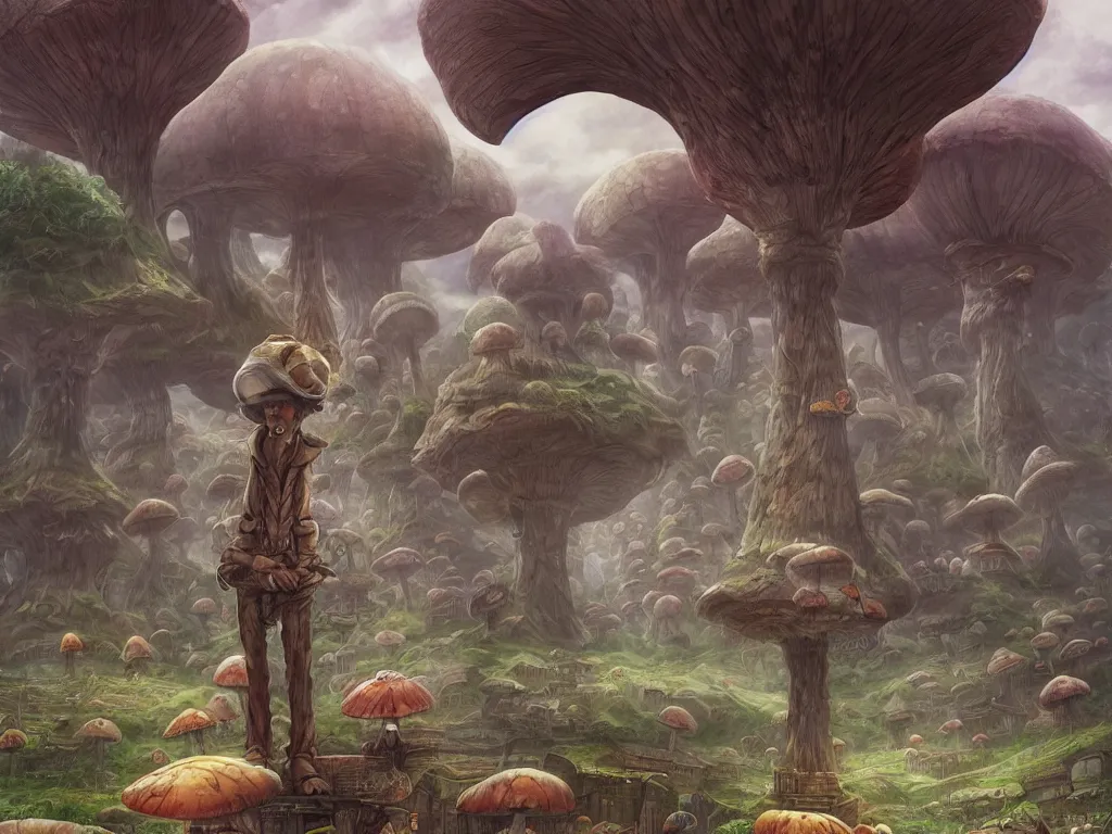 Image similar to A centered chest up portrait of an anthropomorphic mule, magic mushroom village in background, award winning. superb resolution. in the art style of junji Ito and greg rutkowski . Mule, Mule. Detailed Mushroom city in background. Hyper realistic anime. Perfect art. Dalle2