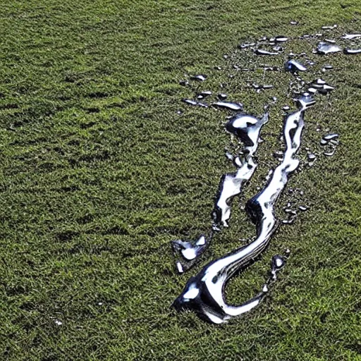 Prompt: melted metal liquid sculpture floting on grass