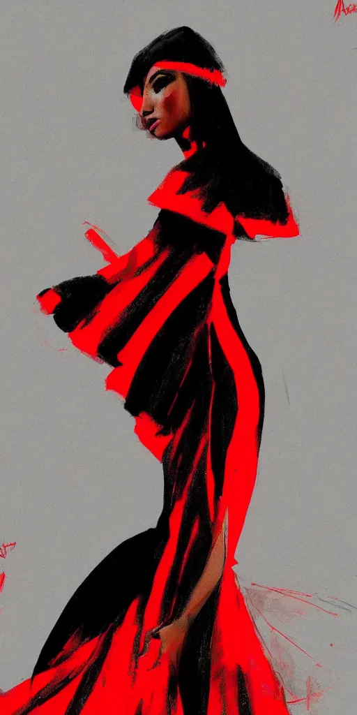 Prompt: black and red painting of woman in dress dancing, artstation trending, high detail, soft light, black background
