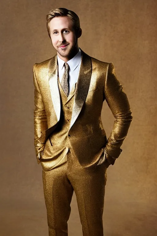 Prompt: Full-body portrait of Ryan Gosling as a king in gold suit, front view