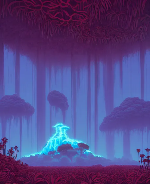 Image similar to simplicity, an simple structure made out of exotic fungus, overgrown with lush floral jungle, partly cloudy, hellscape, hell, fire, brimstone, lava, by dan mumford, yusuke murata, makoto shinkai, ross tran, cinematic, unreal engine, cel shaded, featured on artstation, pixiv