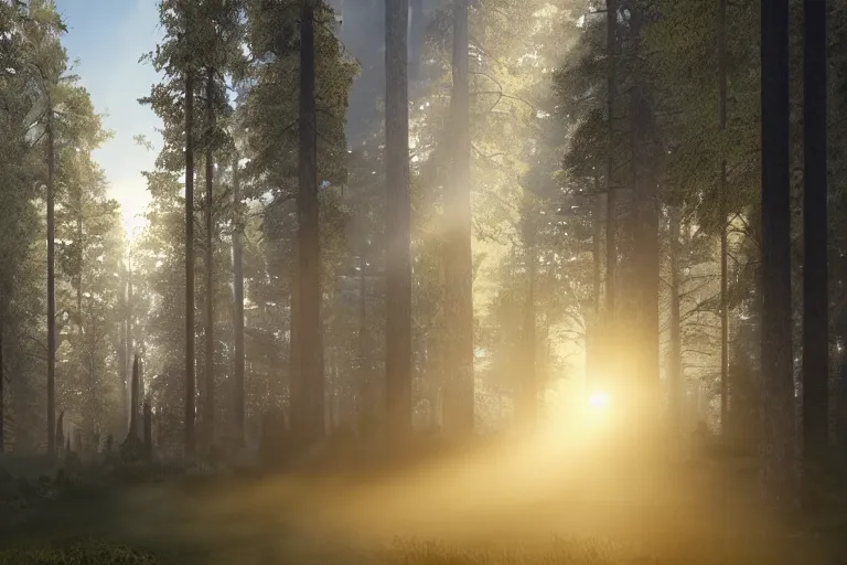 Image similar to glowing doors of a bunker in a forest, sunset, light fog, strong sunbeams are breaking through the tall trees, 4k, ultra details, cinematic, epic style, beautiful photo, hyper realistic, octane render, unreal engine, award winning, on artstation, volumetric lightning, masterpiece, golden hour,