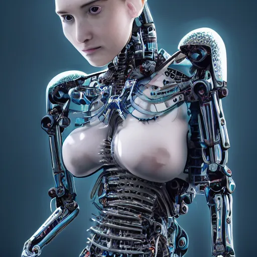 Prompt: An extremely beautiful biomechanical female looking robot with large Emoji tattoos, chimeric organism, pale skin, organic polycarbon, full frontal portrait, ex machina, highly detailed, mendelbrot fractal, ray tracing, hyperdetailed, hyperrealistic, oppai cyberpunk, octane render, hdri, 4k