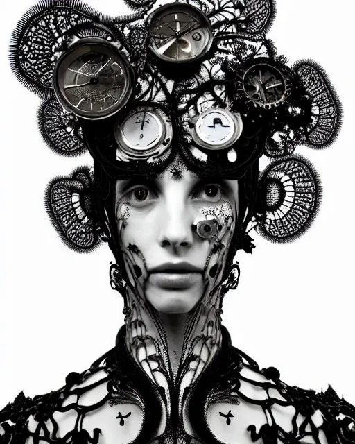 Image similar to surreal black and white photo portrait of complex bio-mechanical beautiful young female vegetal-cyborg with a Mandelbrot fractal steampunk metal fine lace face, a very long neck and a fine metal floral foliage super big lace collar by Alexander McQueen:: high fashion, haute couture, rococo, steampunk, silver filigree details, anatomical, facial muscles, cable wires, microchip, elegant, dreamy, foggy, hyper realistic, 150 mm lens, soft rim light, octane render, unreal engine, picture was taken in 1910 by Man Ray, volumetric lighting, dramatic light,8k,